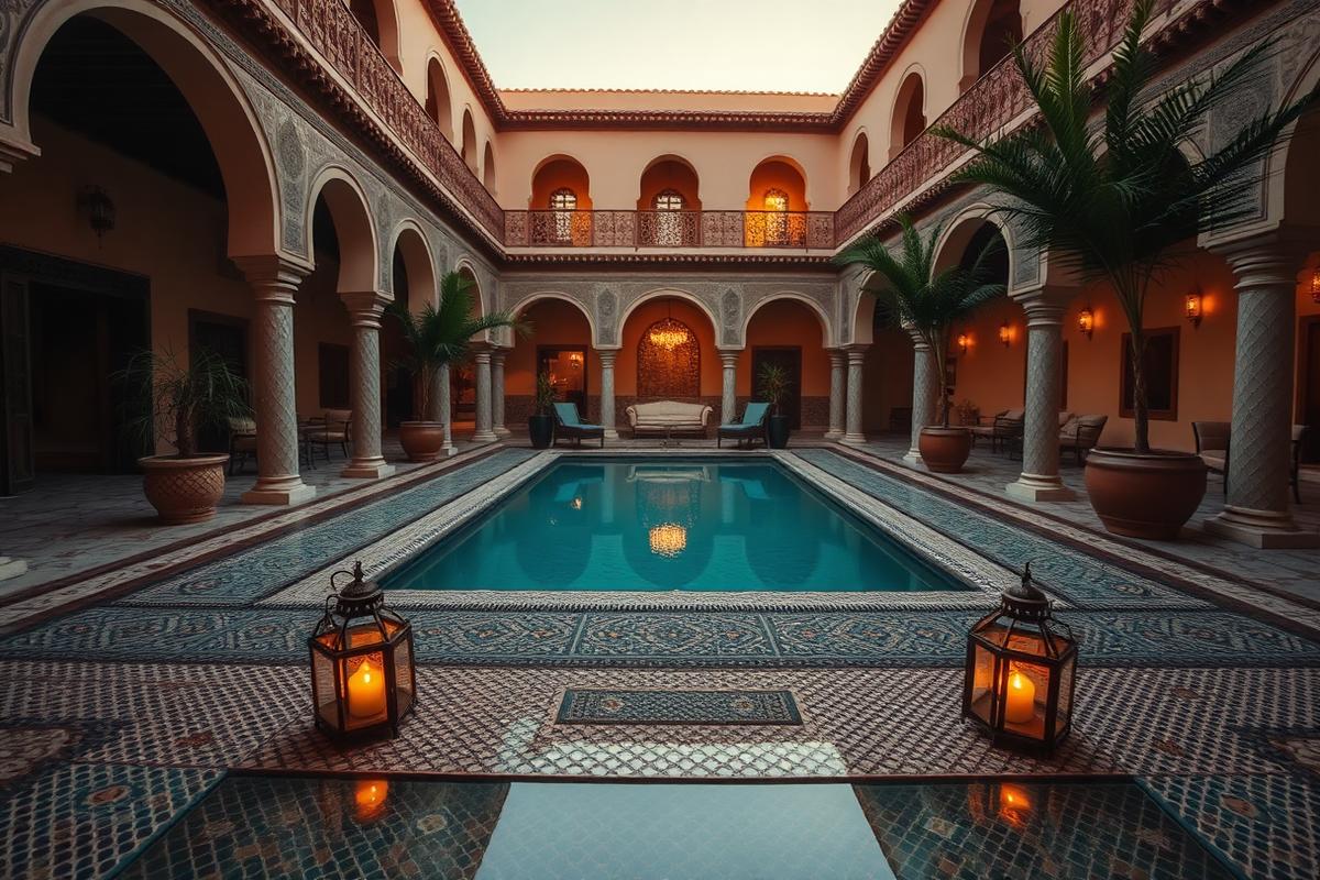 Exemple de site web pour riad et hôtel au Maroc : patio traditionnel avec piscine